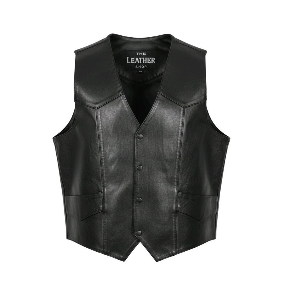 The Leather Shop Vest Mens Black Leather Lined Pockets Size 54 2XLT Vintage